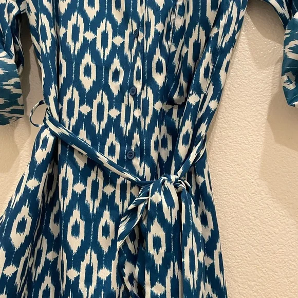 Maeve Anthropologie Ikat Print Shirt Dress Medium Blue White Belted - Picture 4 of 10